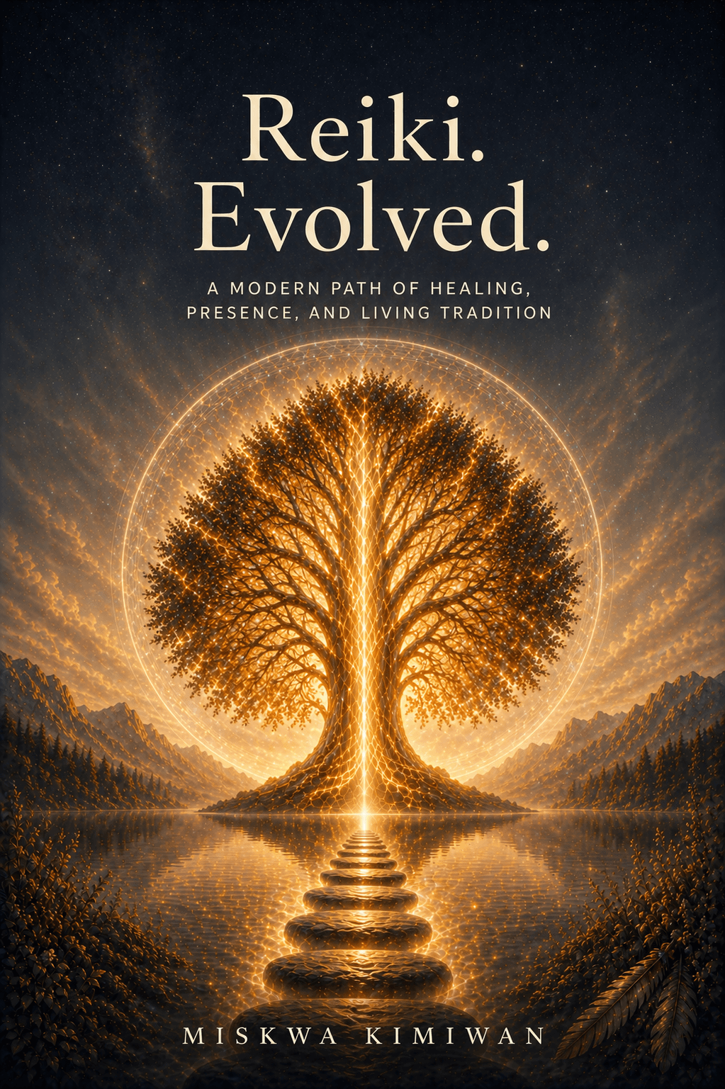 Reiki Evolved book cover — Tree of Life over a still mountain lake